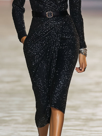 Elegant Stretch Bodycon Knit Sequined Midi Dress
