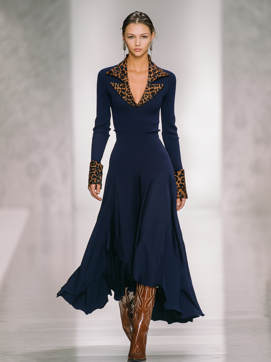 Elegant Retro Contrast Leopard Print Lapel Long Sleeve Knitted Maxi Dress