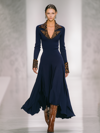 Elegant Retro Contrast Leopard Print Lapel Long Sleeve Knitted Maxi Dress