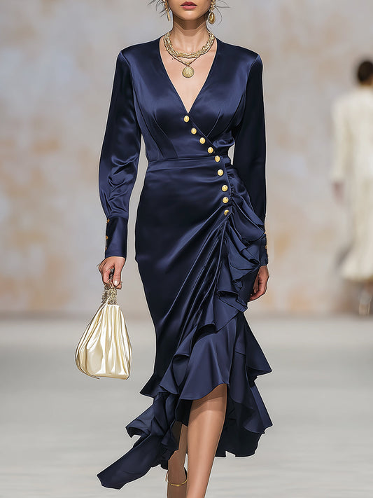 Elegant And Fashionable V-neck Dark Blue Satin Gold Button Ruffled Midi Dress