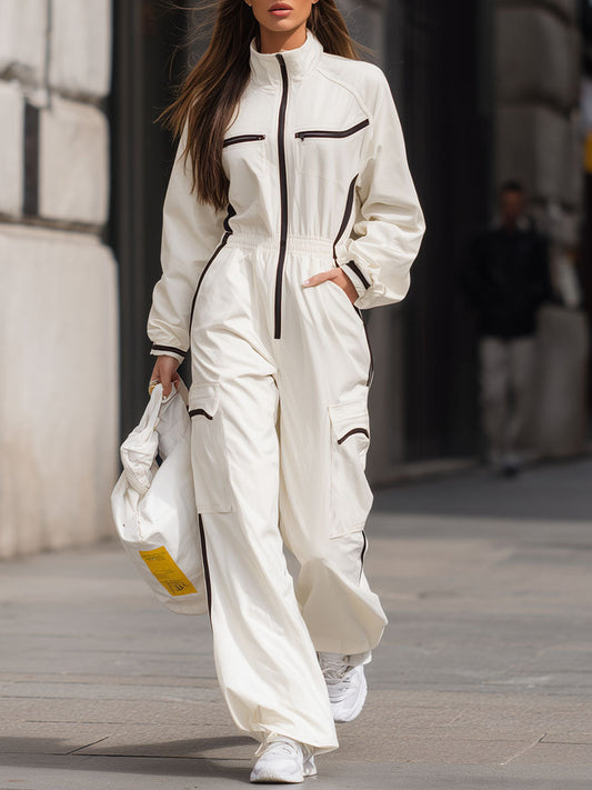 Casual Stand-up Collar Long Zipper Multi-pocket Long Casual Jumpsuit