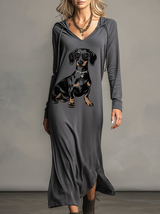 Casual And Fashionable Dark Gray Printed Hooded Long-sleeved Maxi Dress