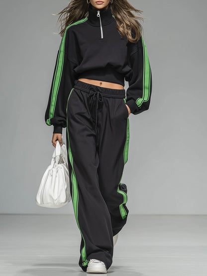 Contrast Stand-up Collar Half-zip Cropped Sweatshirt And Trousers Set