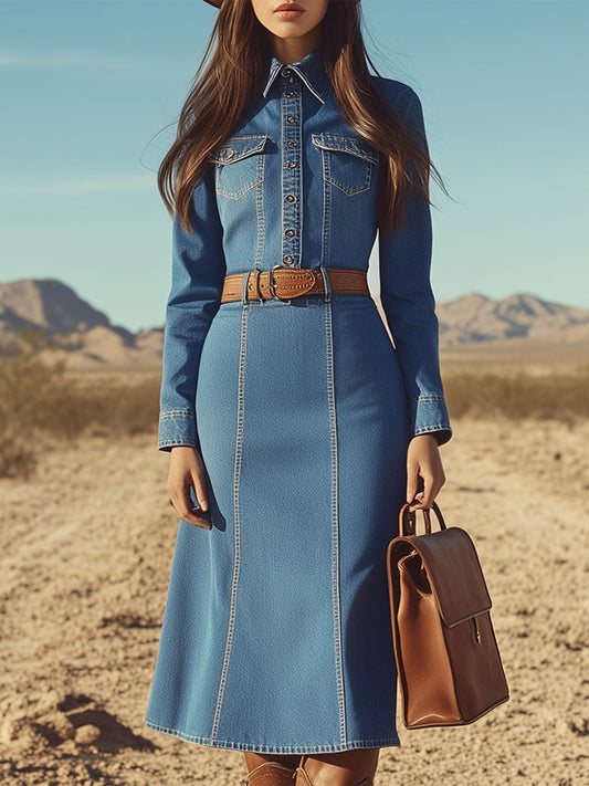Fashion Denim Blue Long-sleeved Button-down Hip-hugging Midi Dress
