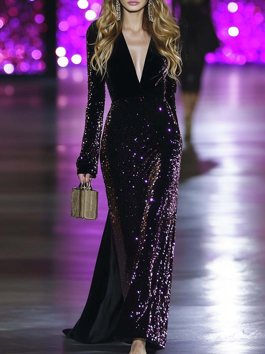 Fashion Retro V-neck Long-sleeved Purple Sequined Black Velvet Slit Maxi Dress