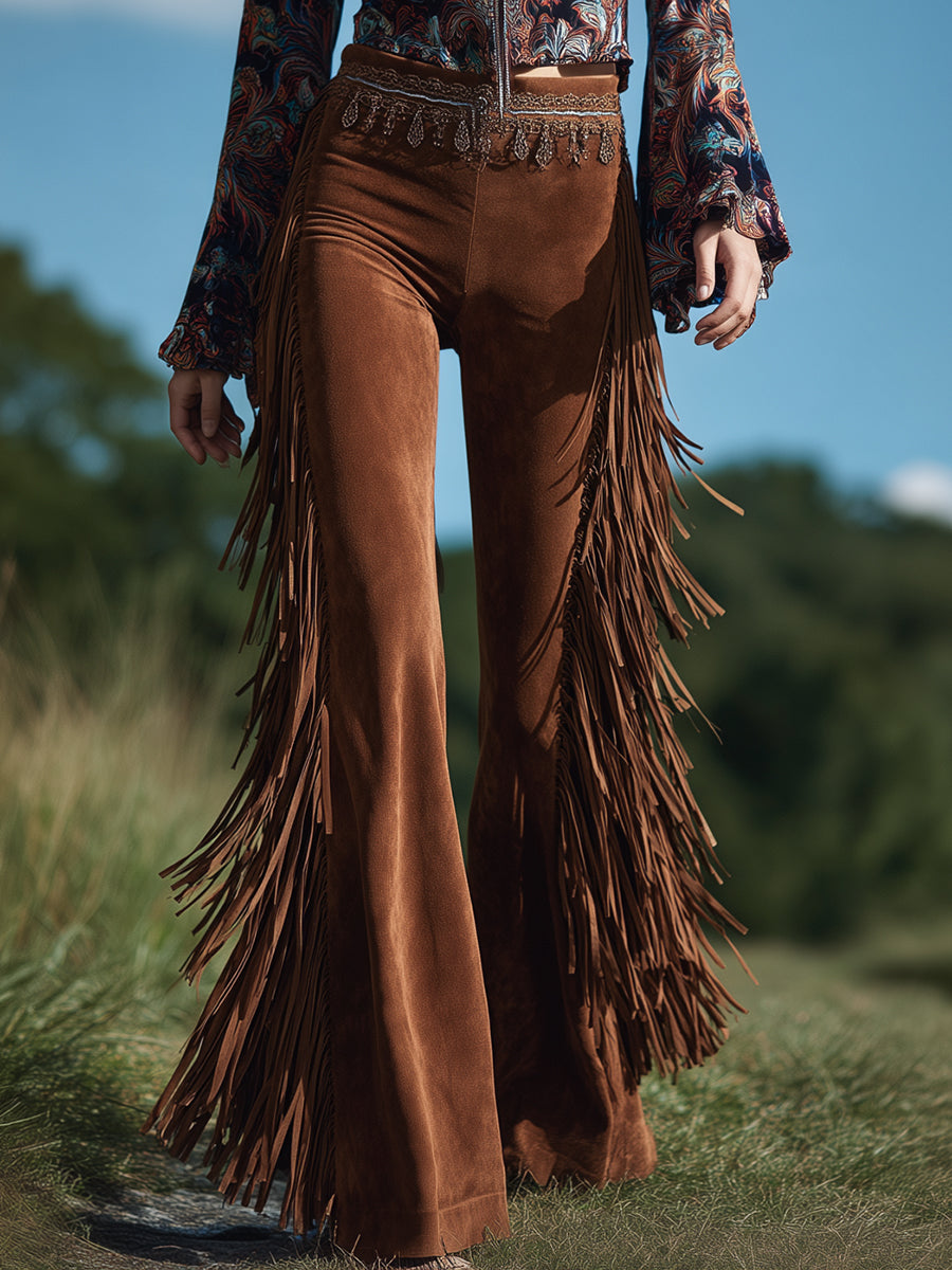 Brown Suede Flared Western Fringed Hem Pants