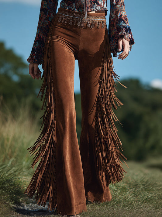 Brown Suede Flared Western Fringed Hem Pants