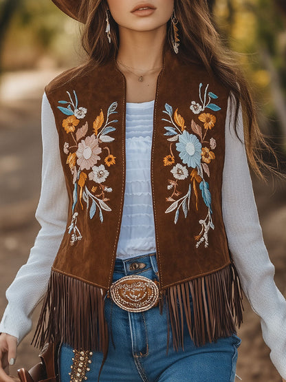 Chaleco retro de gamuza con bordado floral estilo occidental 