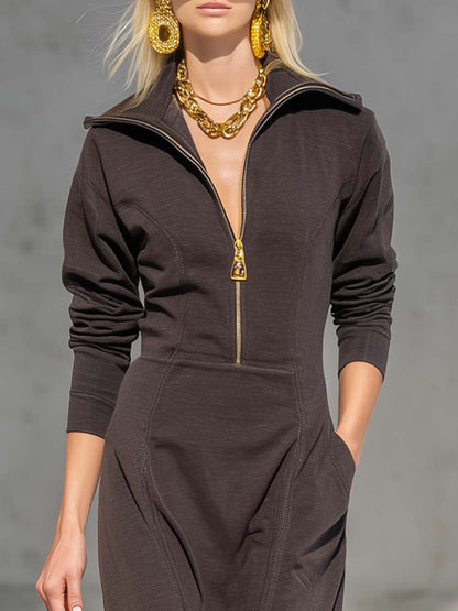 Exquisite Casual Zipper V-neck Brown Sports Cotton Maxi Dress