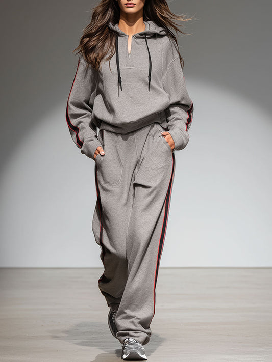 Casual Retro Striped Gray Hooded Sweatshirt Pants Sports Set