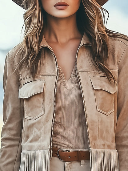 Casual Vintage Western Khaki Fringed Suede Jacket