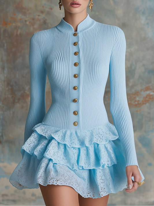 Elegant Small Stand-up Collar Long Sleeve Lace Patchwork Knitted Dress