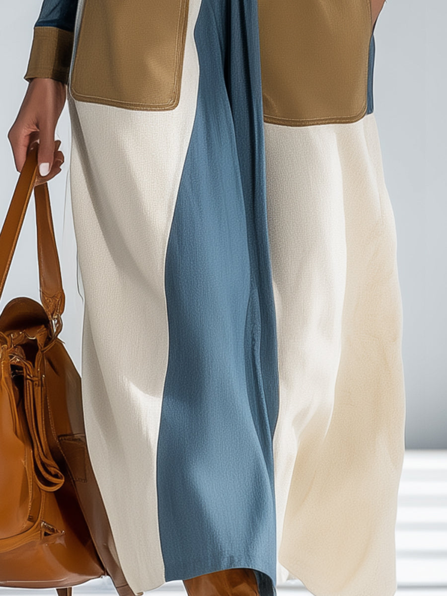 Blue Linen Contrast Zippered Elasticated Shift Mixi Dress