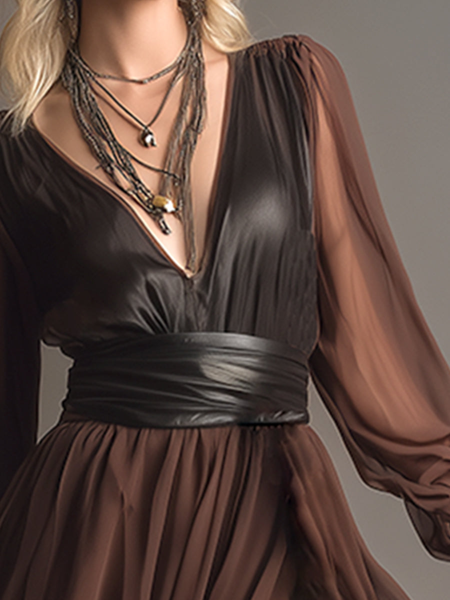 Elegant Retro V-neck Brown Chiffon Long Sleeve Maxi Dress