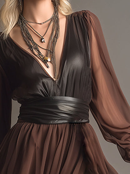 Elegant Retro V-neck Brown Chiffon Long Sleeve Maxi Dress