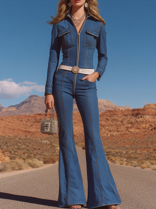 Blue Denim Long-sleeved Zippered Flared Jumpsuit