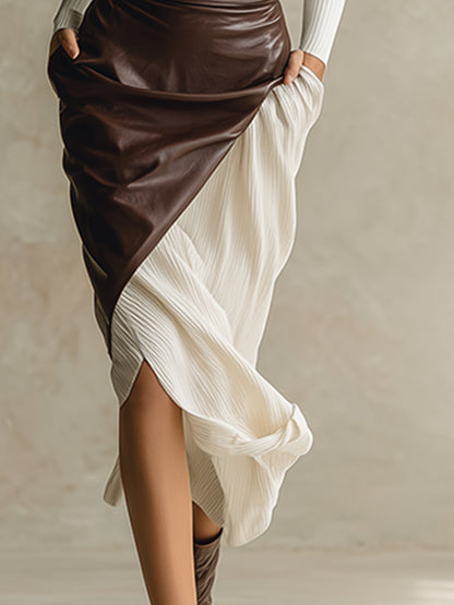 Elegant Design White Stand-up Collar Knitted Patchwork Faux Leather Long-sleeved Maxi Dress