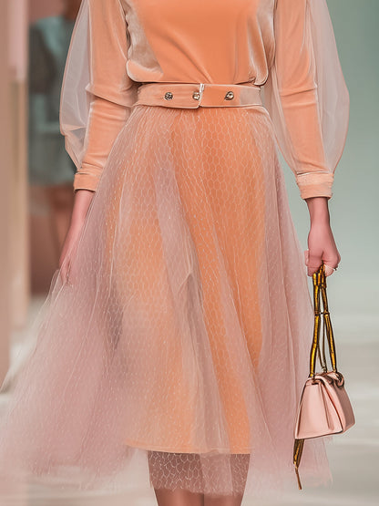 Elegant And Exquisite Orange Velvet Splicing Tulle Long-sleeved Midi Dress