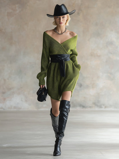 Elegant And Fashionable Green Mixed Color Lace-up Knitted Long-sleeved Mini Dress