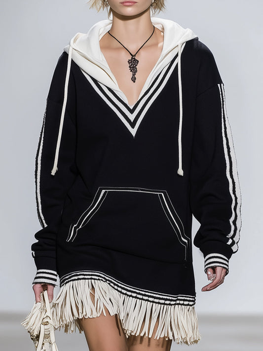 Black Splicing White Hooded Tassel Sweatshirt Mini Dress