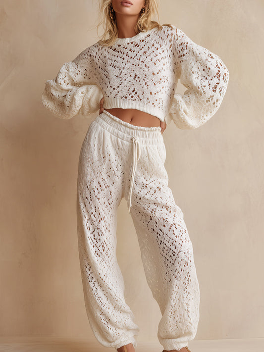 Casual White Loose Knit Cropped Top And Pants Set