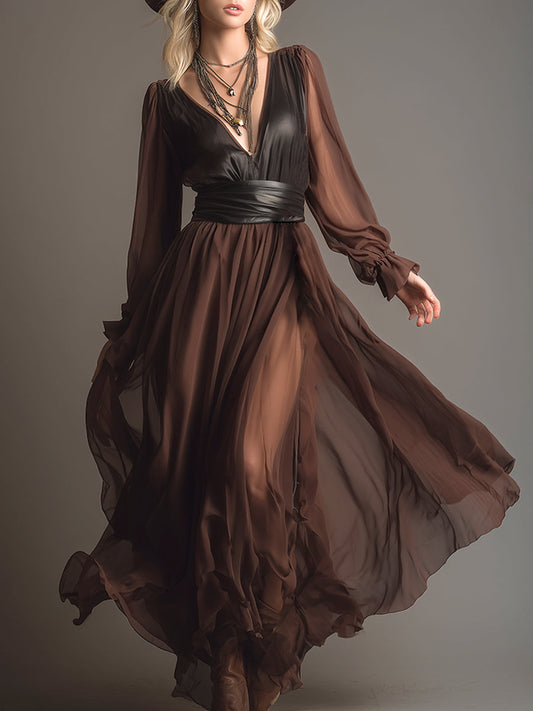Elegant Retro V-neck Brown Chiffon Long Sleeve Maxi Dress