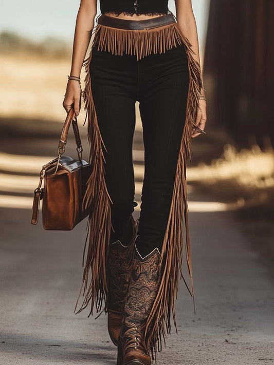 Casual Western Waist Side Fringe Detail Black Denim Cotton Pencil Pants