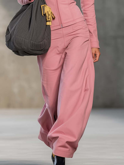Elegant And Fashionable Sporty Pink Front Zipper Long-sleeved Top And Wide-leg Pants Set