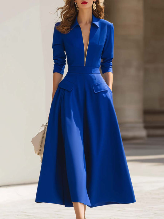 Elegant Classic Zipper V-neck Long-sleeved Royal Blue A-line Hem Midi Dress
