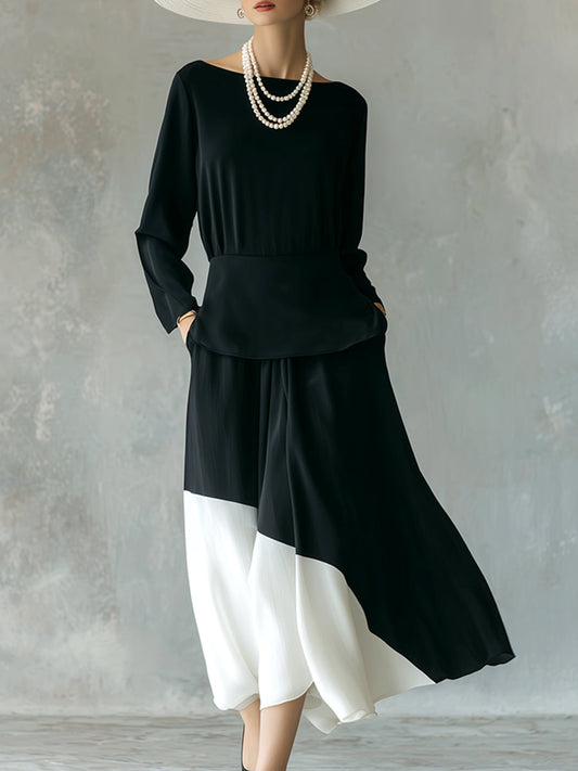 Classic Deconstructed Black Chiffon Long Sleeve Maxi Dress