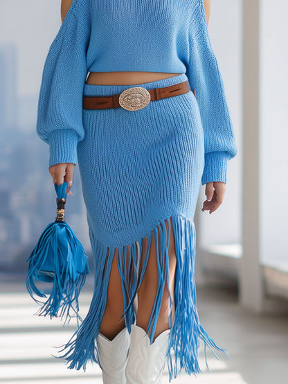 Blue Off-the-shoulder Long-sleeved Sweater And Tassel Skirt Knitted Set