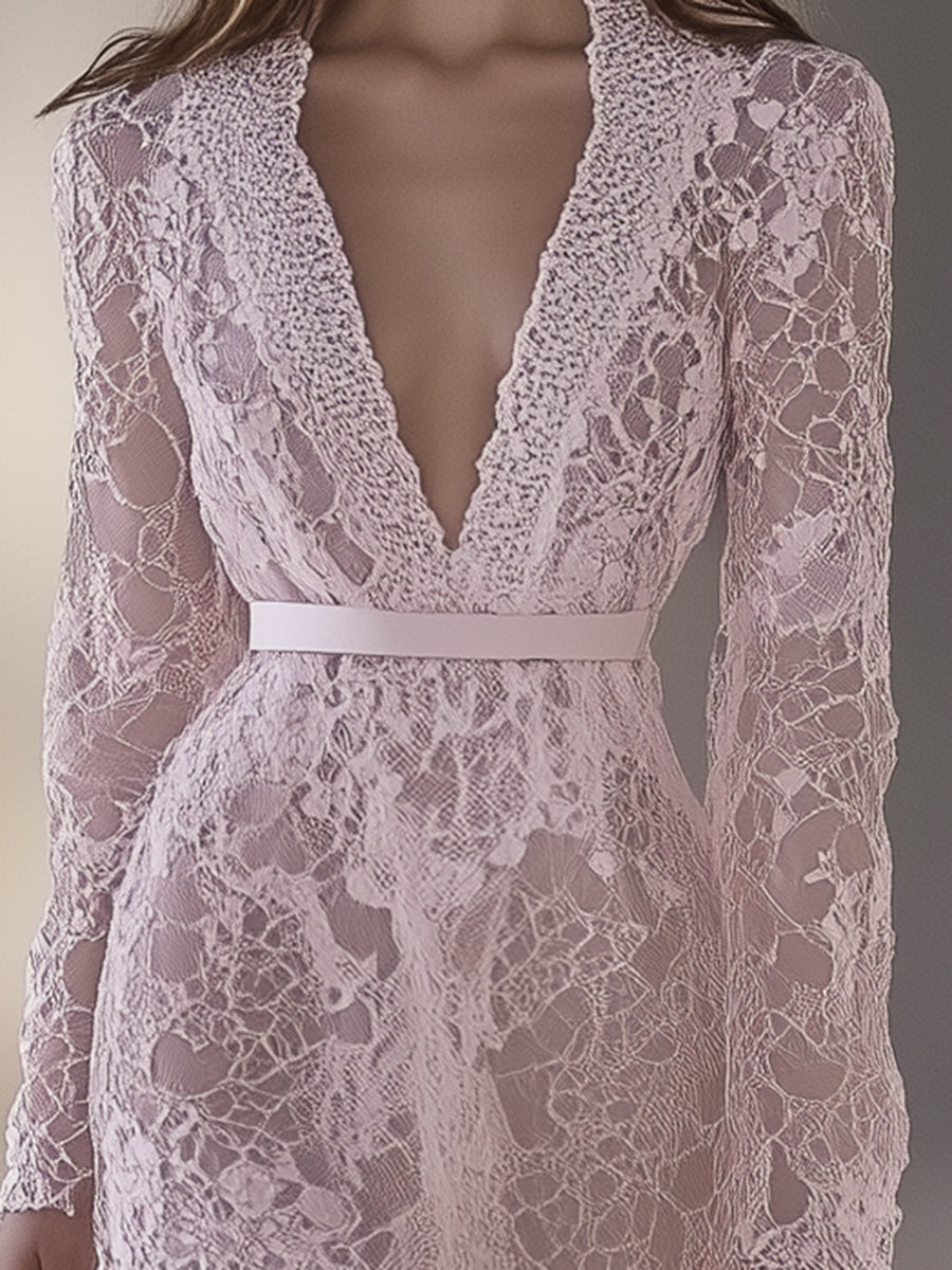Designer Pink Lace V-neck Slit Maxi Dress