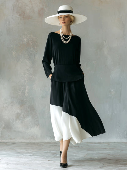 Classic Deconstructed Black Chiffon Long Sleeve Maxi Dress