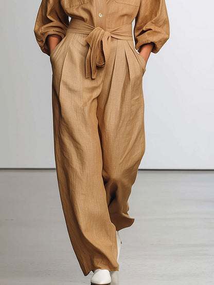 Cotton And Linen Multi-Pocket Lace-Up Long-Sleeved Wide-Leg Jumpsuit