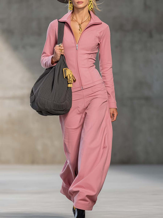 Elegant And Fashionable Sporty Pink Front Zipper Long-sleeved Top And Wide-leg Pants Set