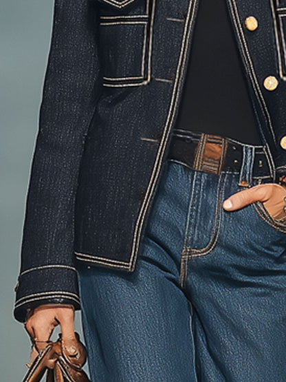 Casual Vintage Navy Denim Topstitched Pocket Jacket
