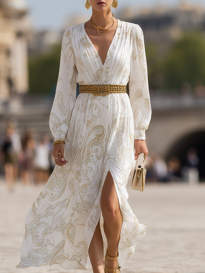 Elegant White Paisley Pattern V-neck Slit Maxi Dress