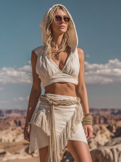 Envío en 24 horas: Traje beige de algodón y lino con falda con borlas y capucha estilo Wasteland retro y moderno. 