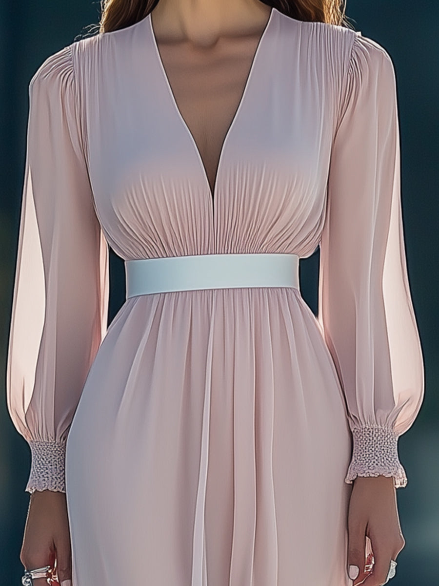 Designer Pink Chiffon V-neck Pleated Elastic Waist Maxi Dress