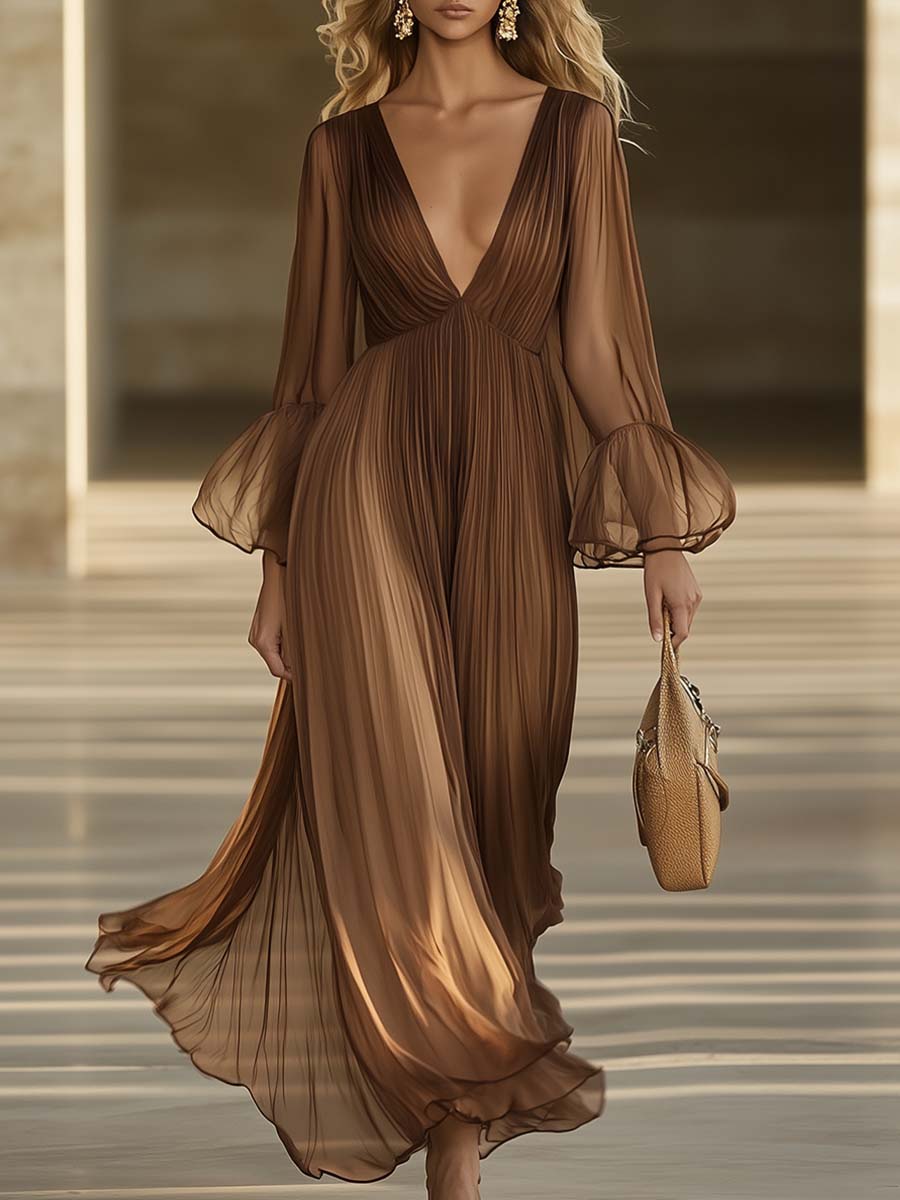 Elegant And Flowing V-neck Lotus Leaf Long Sleeve Chocolate Color Pleated Chiffon Maxi Dress