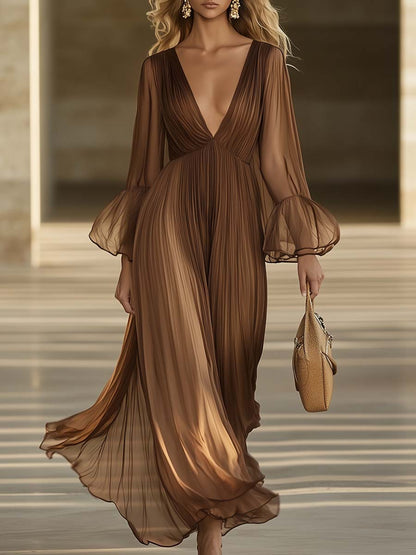 Elegant And Flowing V-neck Lotus Leaf Long Sleeve Chocolate Color Pleated Chiffon Maxi Dress