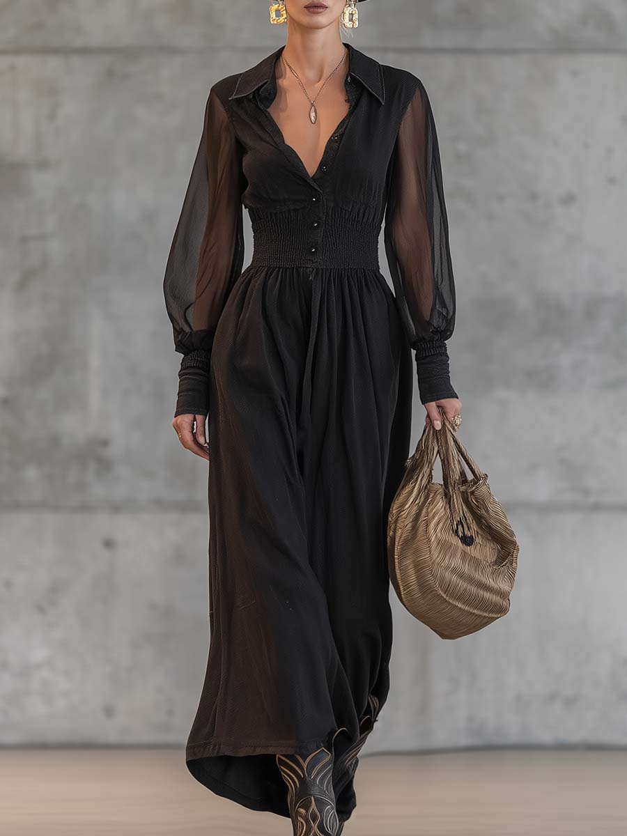 Exquisite Casual Retro Front Button Transparent Long Sleeve Waist Black Cotton Maxi dress