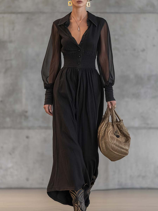 Exquisite Casual Retro Front Button Transparent Long Sleeve Waist Black Cotton Maxi dress