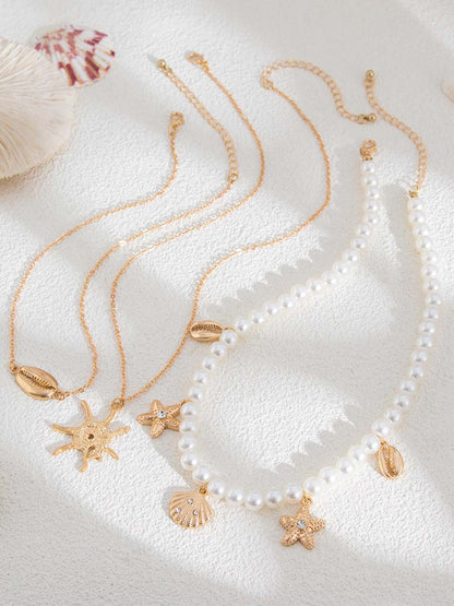 Bohemian Imitation Pearl Holiday Style Retro Starfish Shell Pendant Necklace Set