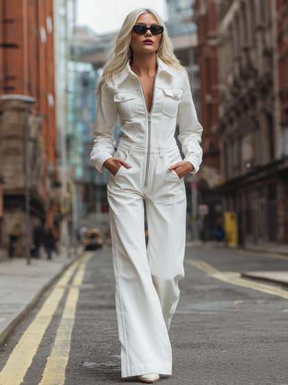 Casual Fashion White Zipper Lapel Long Sleeve Jumpsuit