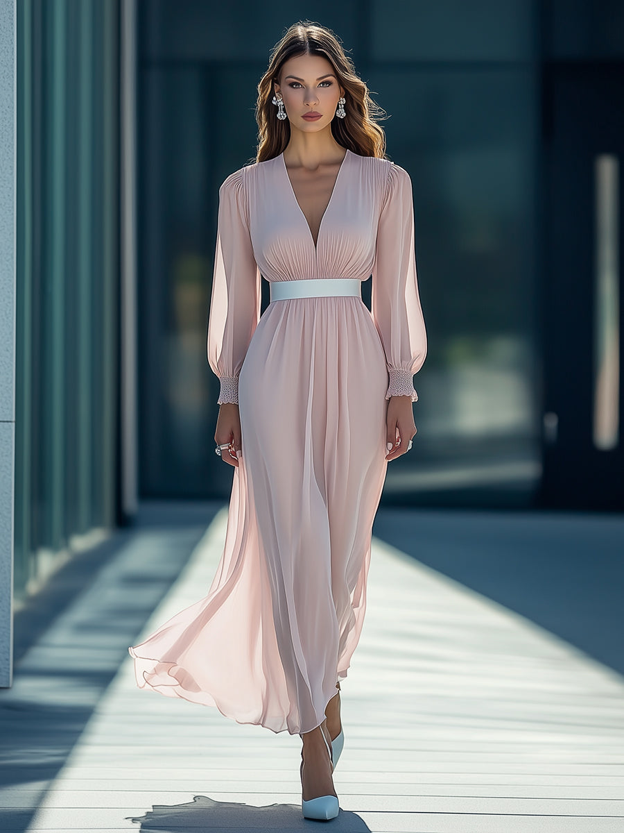 Designer Pink Chiffon V-neck Pleated Elastic Waist Maxi Dress