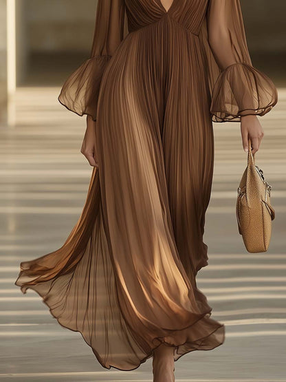 Elegant And Flowing V-neck Lotus Leaf Long Sleeve Chocolate Color Pleated Chiffon Maxi Dress