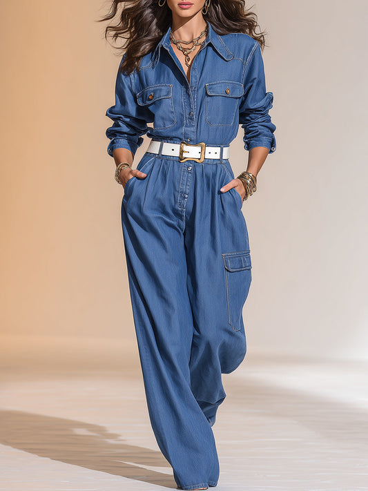 Fashion Casual Denim Lapel Multi-pocket Long-sleeved Jumpsuit