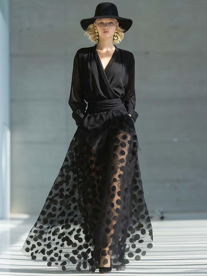 Classic Fashion V-neck Long Sleeve Polka Dot Mesh Hem Black Chiffon Maxi Dress