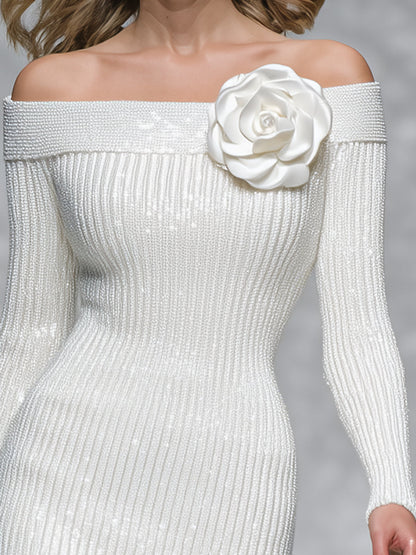 Elegant Shimmering Knitted One-shoulder Three-dimensional Flower Midi Dress